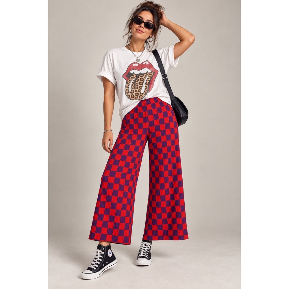 DRESSED in LALA Lex Ribbed Pull-On PANTS XL Wide Leg Crop Funky Artsy Checkered